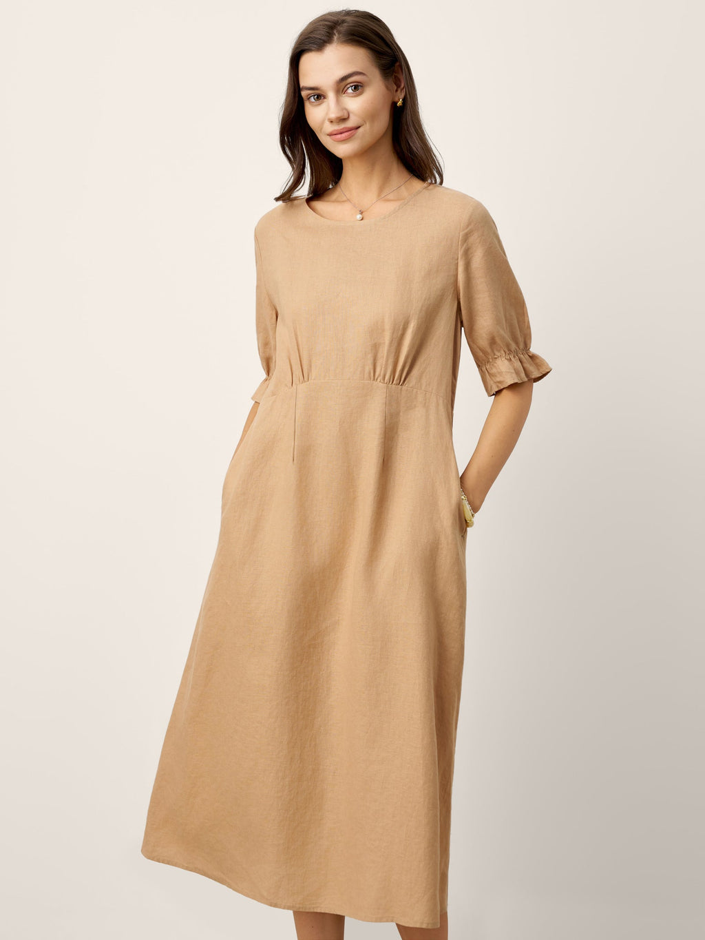 100% Linen Round Neck High Waist Ruffle Sleeve Maxi Dress ZEPHYRA