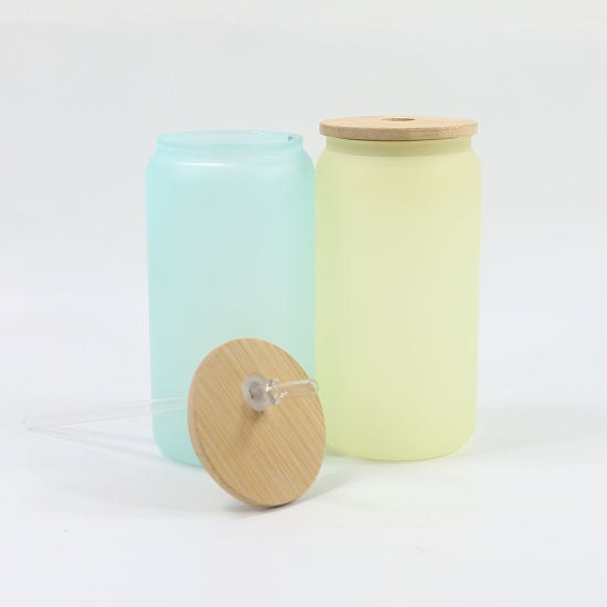 16oz Blank Sublimation color changing glass Jar Cans Tumblers (Includes Bamboo Lid & Straw)