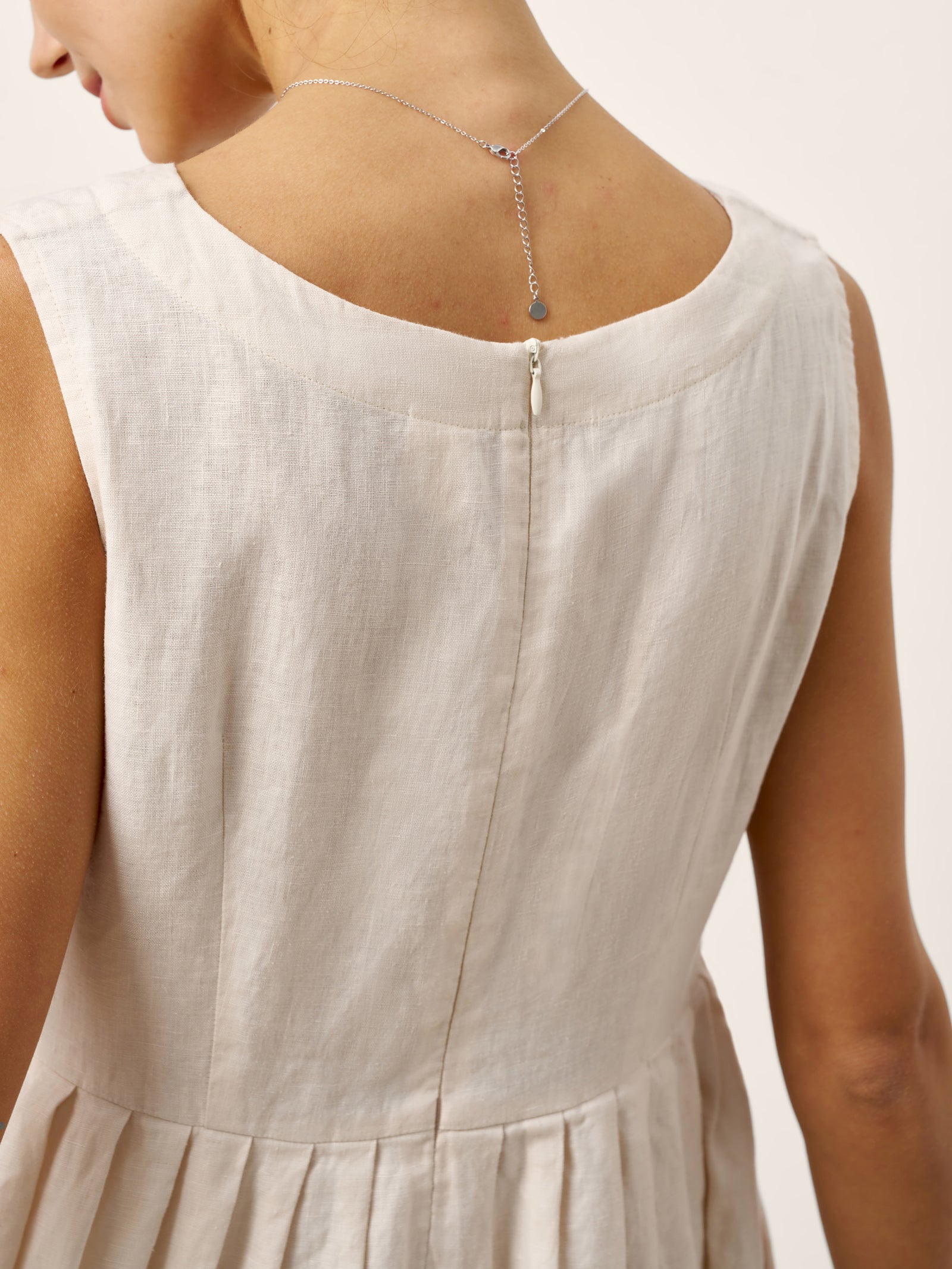 100% Linen Sleeveless Crew Neck Waist Pleated Maxi Dress SELENE