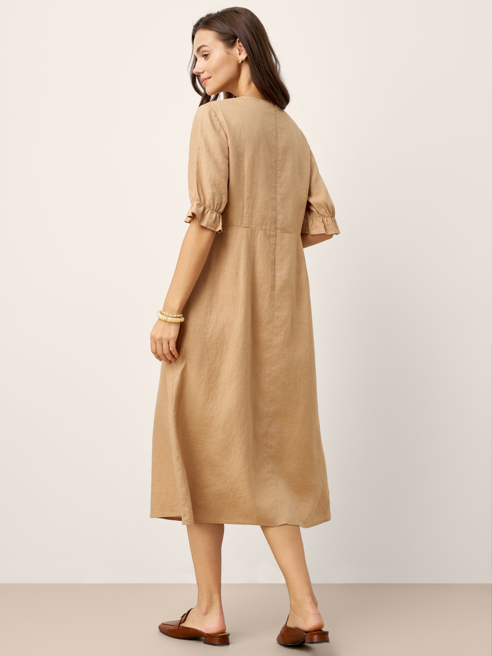 100% Linen Round Neck High Waist Ruffle Sleeve Maxi Dress ZEPHYRA