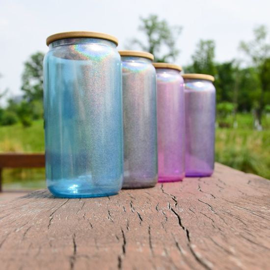 16oz Sublimation blank Holographic iridescent Glitter glass Jar Cans Tumblers (Includes Bamboo Lid & Straw)