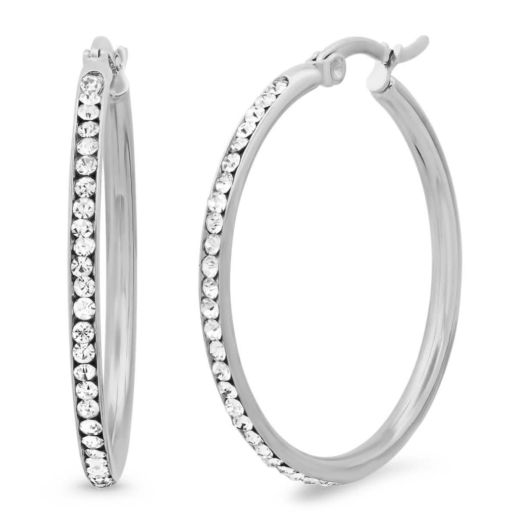 Ladies Stainless Steel And Simulated Diamonds Hoop Earrings