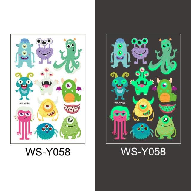 Luminous Tattoo Stickers Temporary Animal Tattoos Glow Paste on Face Arm Leg Fluorescent Waterproof Fake Tattoo For Kids Girls