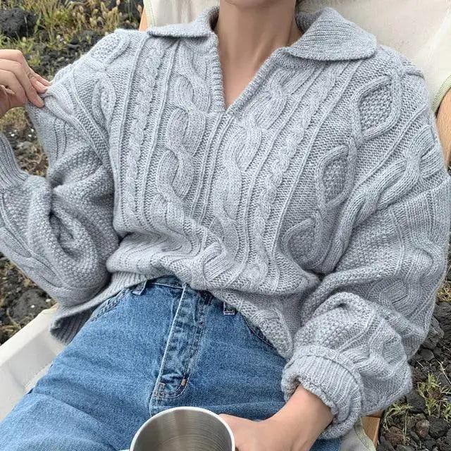 Luxury Kitty Retro Women Sweater Pullovers Knitted Casual Solid Autumn Turn-down Collar Feminine Loose All Match Soft Sweet Tops