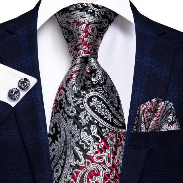 Luxury Men Silk Necktie Pocket Square Matching Handkerchief  Cufflinks Set Formal Design Printed Business Necktie For Men