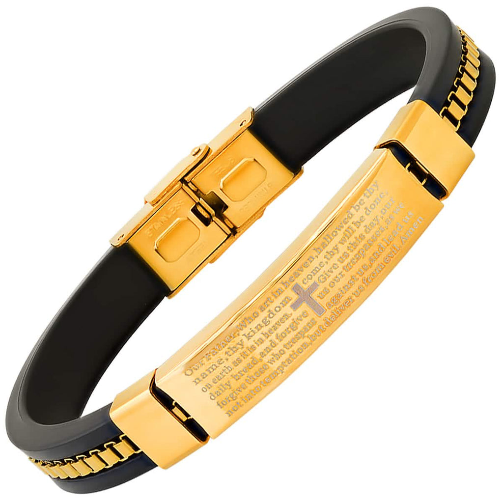 Men's Black Rubber and Stainless Steel Box Inlay Chain Our Father Prayer Bracelet