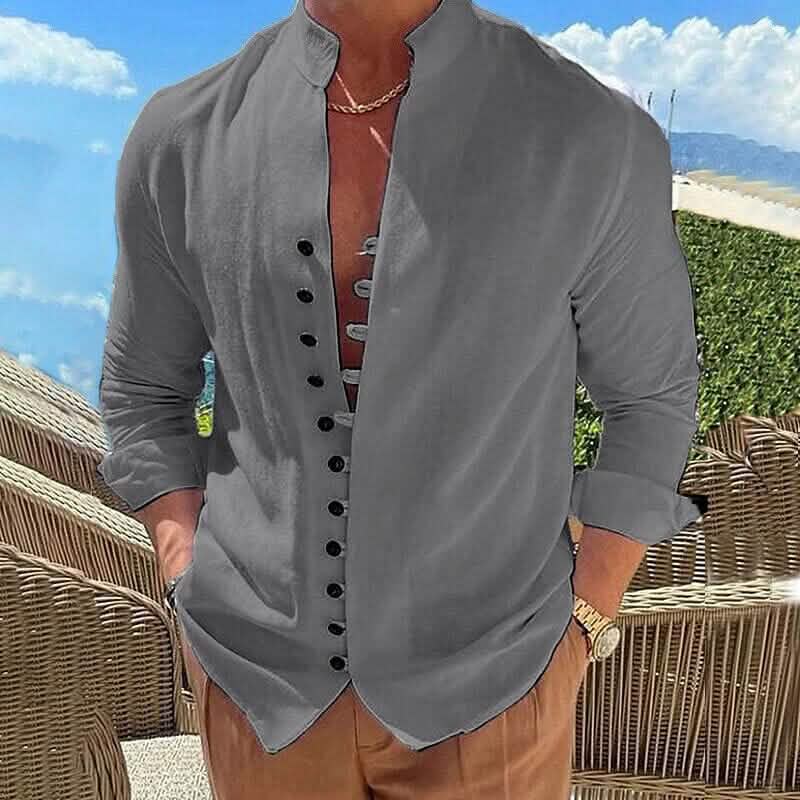 Men's Linen Button Up Shirt Long Sleeve Plain Band Collar