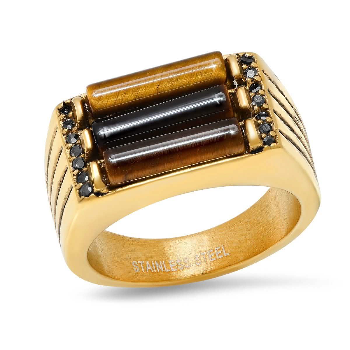 Men's Stainless Steel Tiger Eye And Gray CZ Square Ring