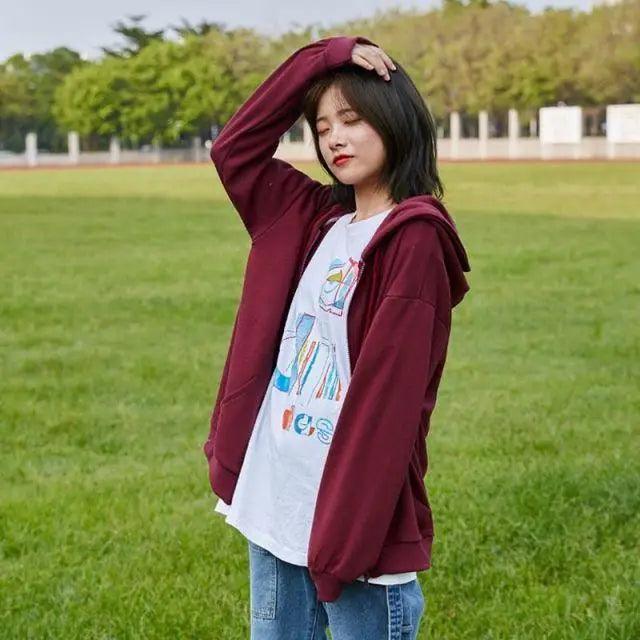 Modern With Hat Hoodies Women  Kangaroo Pocket Casual Loose Solid Color Sweatshirt Female  Fashion New Female Tops Sports Clothing Oversized Zip Hooded Sweatshirt Cotton Women Autumn Hoodie