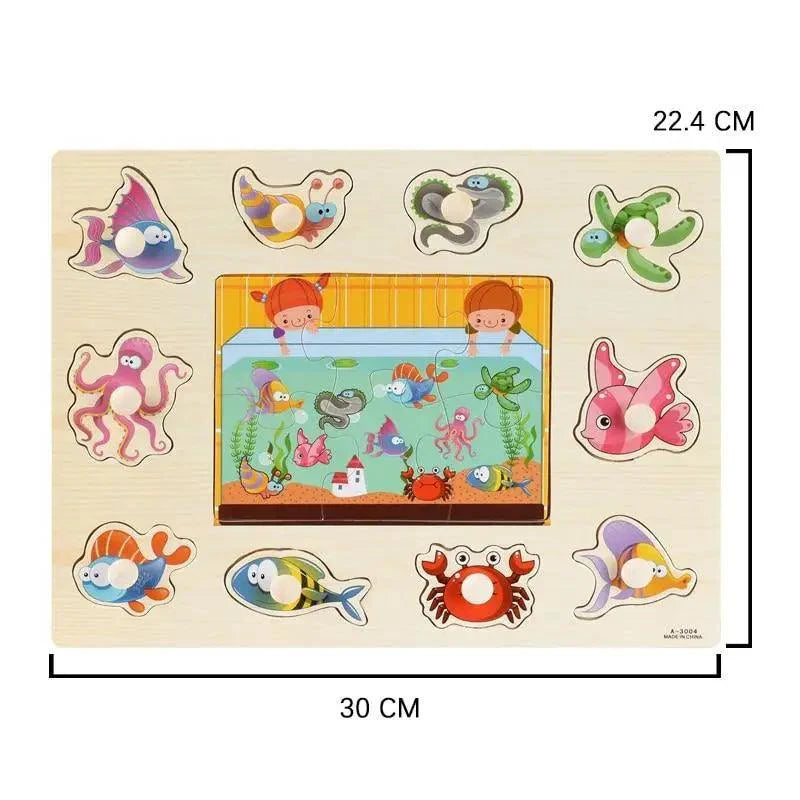 Montessori Wooden Puzzles Hand Grab Boards Toys Tangram Baby Educational Toys Cartoon Vehicle Animals Fruits 3D Puzzles