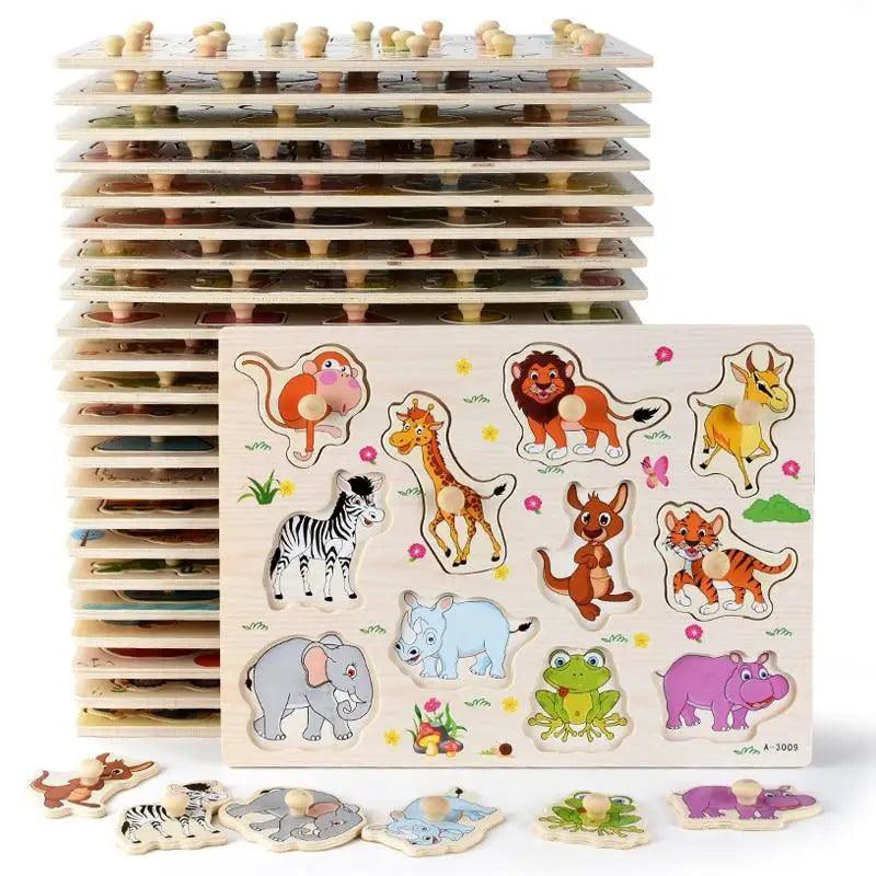 Montessori Wooden Puzzles Hand Grab Boards Toys Tangram Baby Educational Toys Cartoon Vehicle Animals Fruits 3D Puzzles
