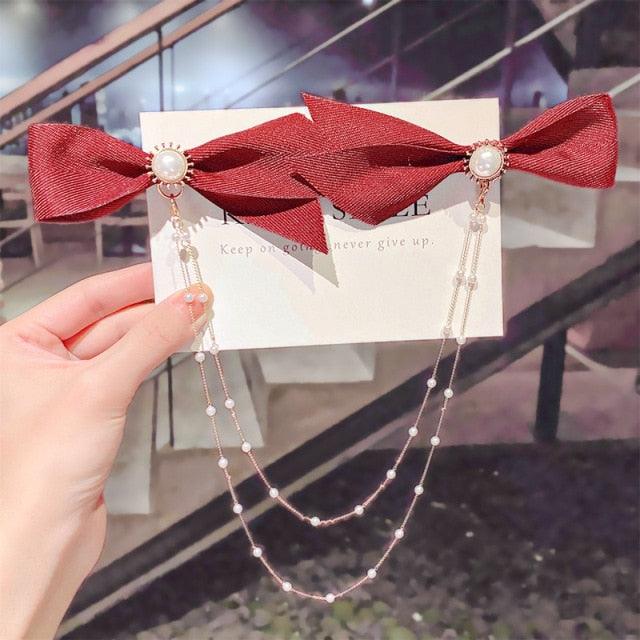 New Bow Pearls Chain Barrettes Hairpins For Women Rhinestone Spring Hair Clips Ribbon Headband Ponytail Headdress Wedding Hair Accessories for Brides and Bridesmaids