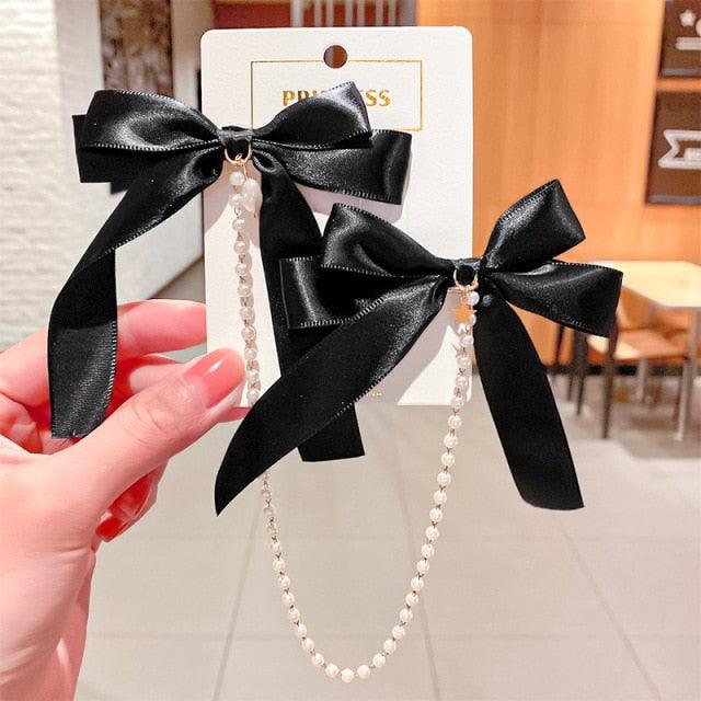 New Bow Pearls Chain Barrettes Hairpins For Women Rhinestone Spring Hair Clips Ribbon Headband Ponytail Headdress Wedding Hair Accessories for Brides and Bridesmaids
