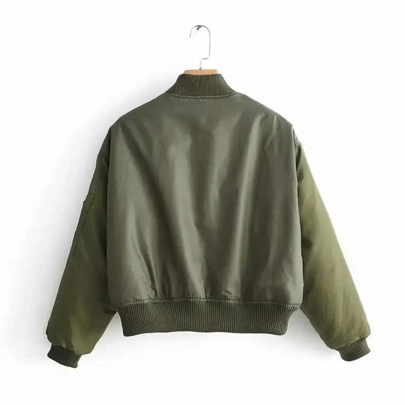 New Classic Design Autumn Winter Green Short Jackets Women Fashionable Long Sleeve Zipper Bomber Jacket Outwear Women's Coat