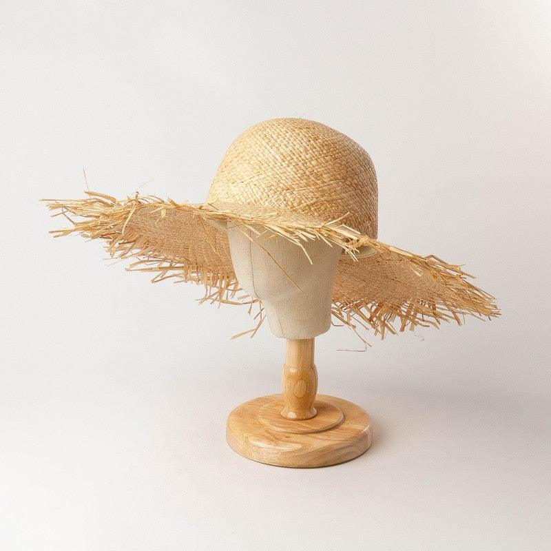 New Handmade Women Straw Sun Hats Large Wide Flat Top Wide Hat Beach Hat Lady Holiday Sun Protection Hat Girls Quality Natural Outdoor Sun Caps For Holiday Vintage Design Hat