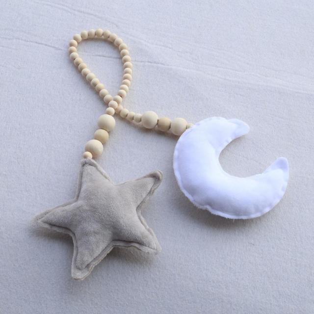 Nordic Wooden Beads Mobile Hanging Ornament Double Star Moon Nursery Bed Ornament For Kids Room Decoration Baby Shower Felt Nursery Ceiling Decoration For Girls/Boys Baby Crib Tent Hanging Pendant Wall Decor Photography Props