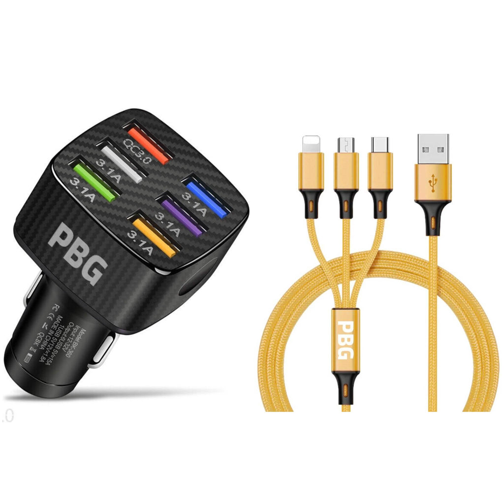 PBG Black LED 6 Port Car Charger and 4FT- 3 In 1 Cable Combo