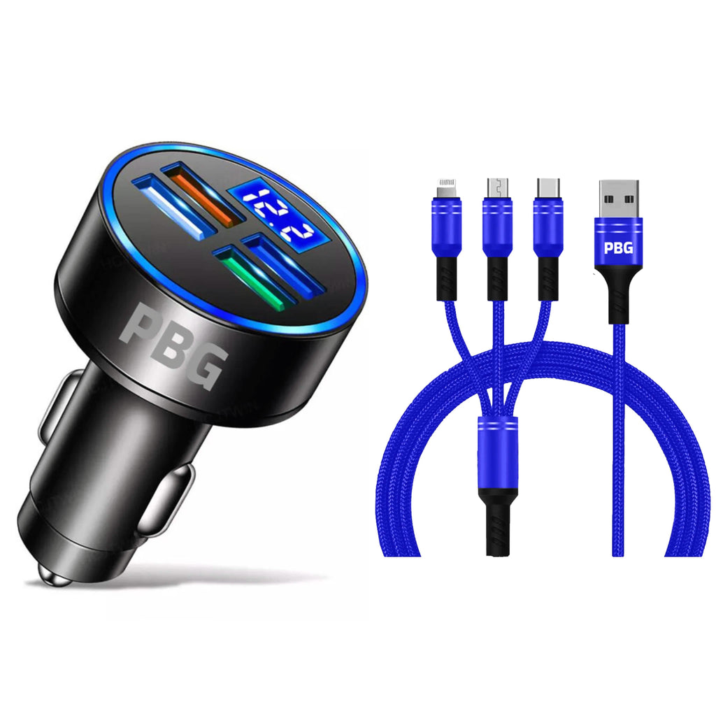 PBG LED 4 Port Car Charger Voltage Display and 3-in-1 Cable Bundle