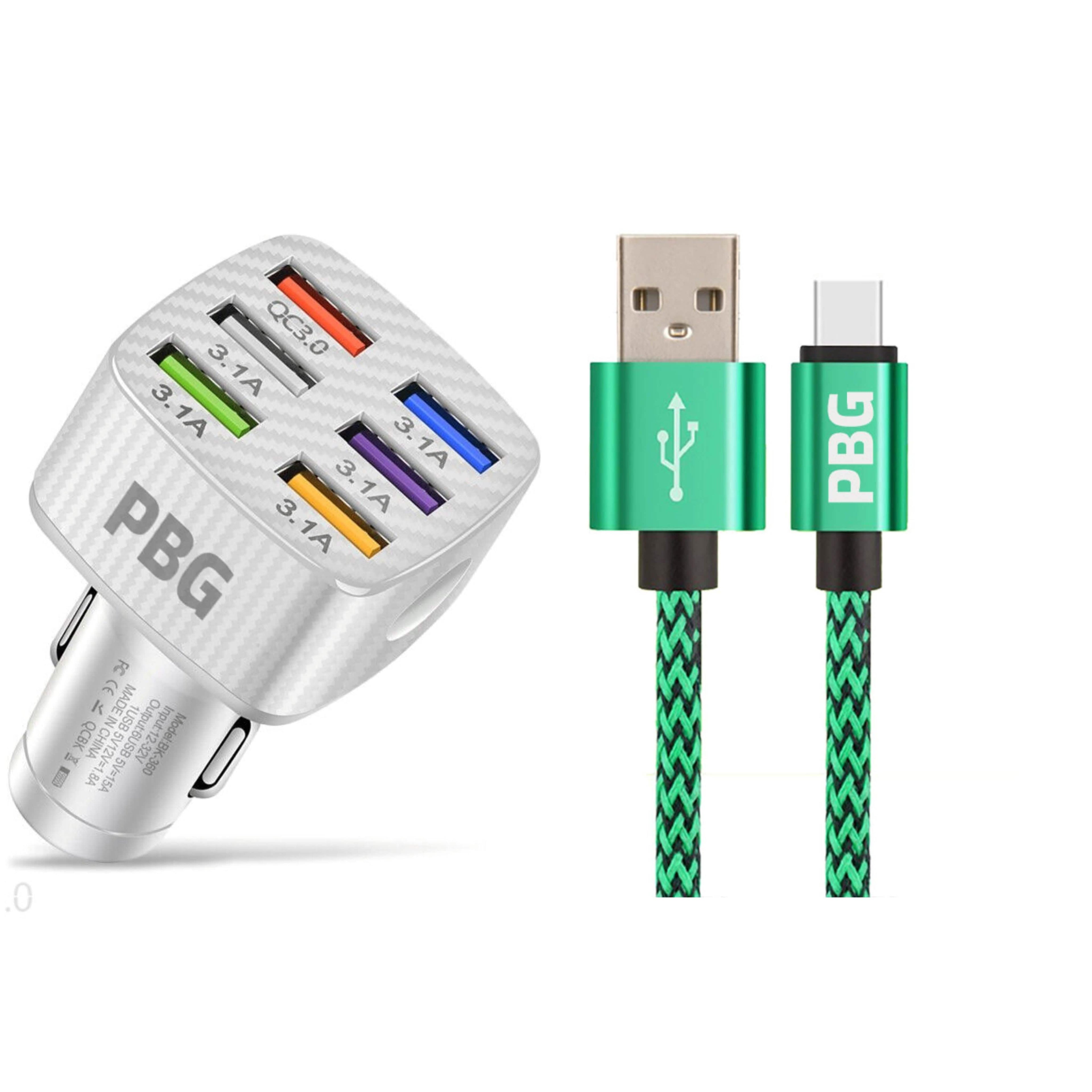 PBG LED 6-Port Car Charger and 10FT XL Zebra Lightning Cable Combo