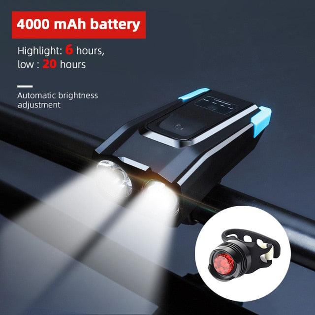 4000mAh Bicycle Front Light Set USB Rechargeable Smart Headlight With Horn 800 Lumen LED Bicycle Light Set USB Rechargeable Super Bright  Bike Headlight