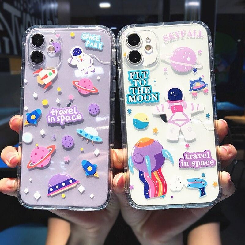 Cartoon Astronaut Planet Transparent iPhone Case