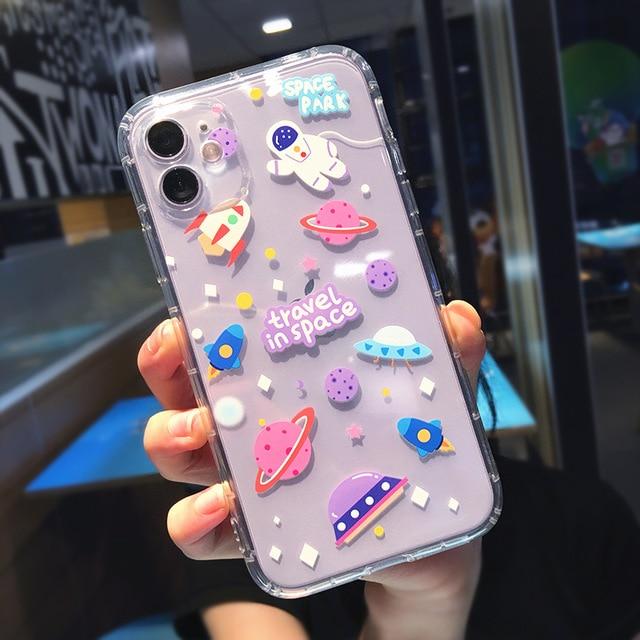 Cartoon Astronaut Planet Transparent iPhone Case