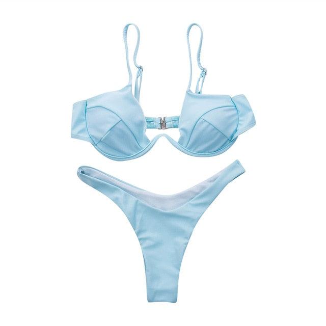 Push Up Unpadded Bikini Set Women 4 Colors Bandage Bikini Set Swimsuit Thong Bottom Swimwear Two Pieces Plain Bikini Bathing Suit Swimwear Bathing