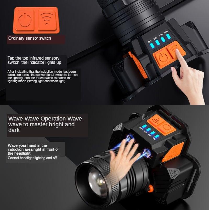 Rechargeable High Lumens Work Headlight Ultra Bright Headlamp LED Headlight Sensor Powerful  Head Lamp Waterproof Flashlight For Adults Running Hiking Camping Fishing