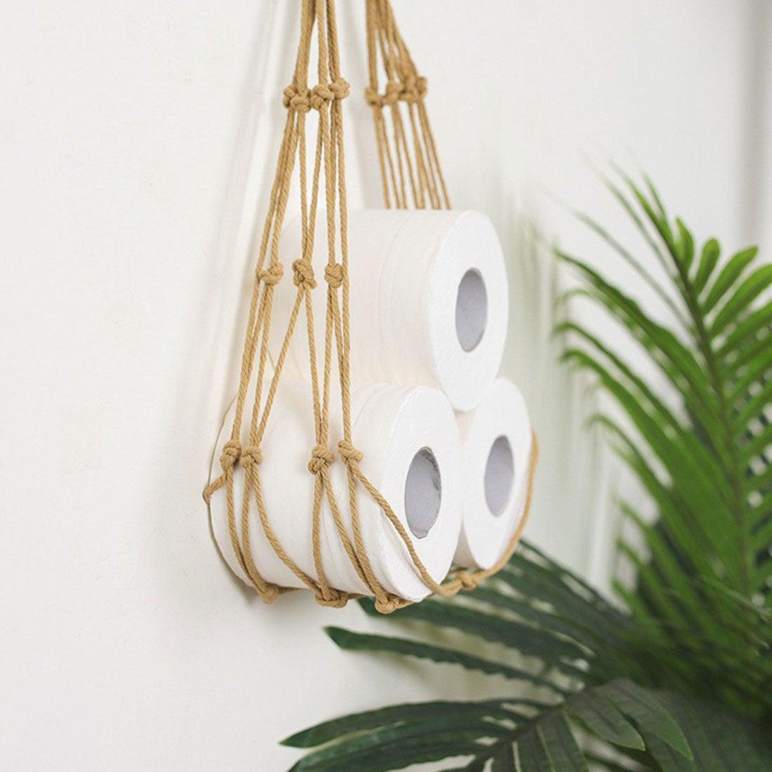 Rope Paper Towel Net Pocket Vintage Weave Toilet Roll Paper Hang Toilet Paper Holder Towel Net Pocket Paper Roll Storage Decorative Braided Jute Rope Toilet Paper Holder For Bathroom