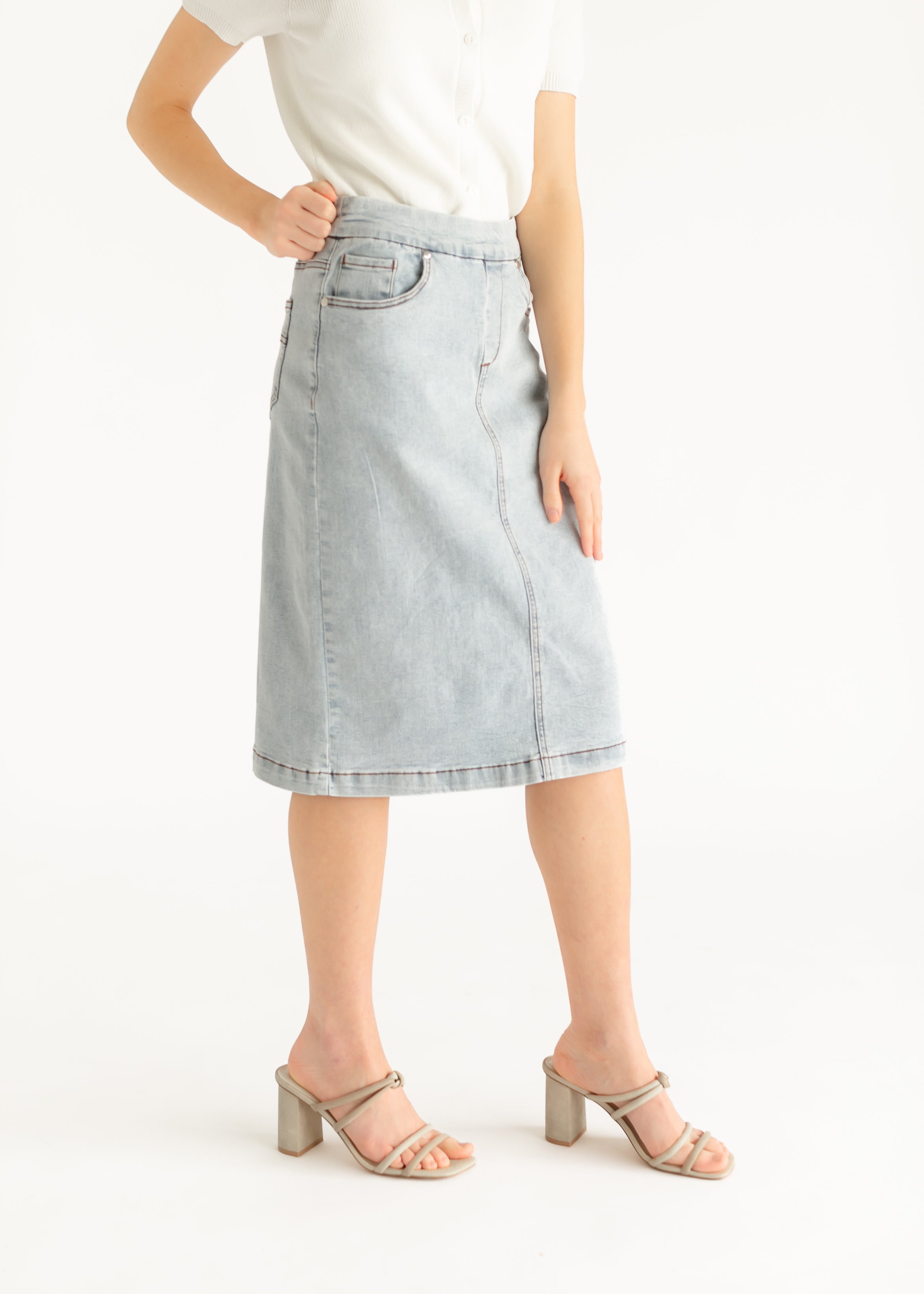 Sandra Light Wash Denim Midi Skirt - FINAL SALE