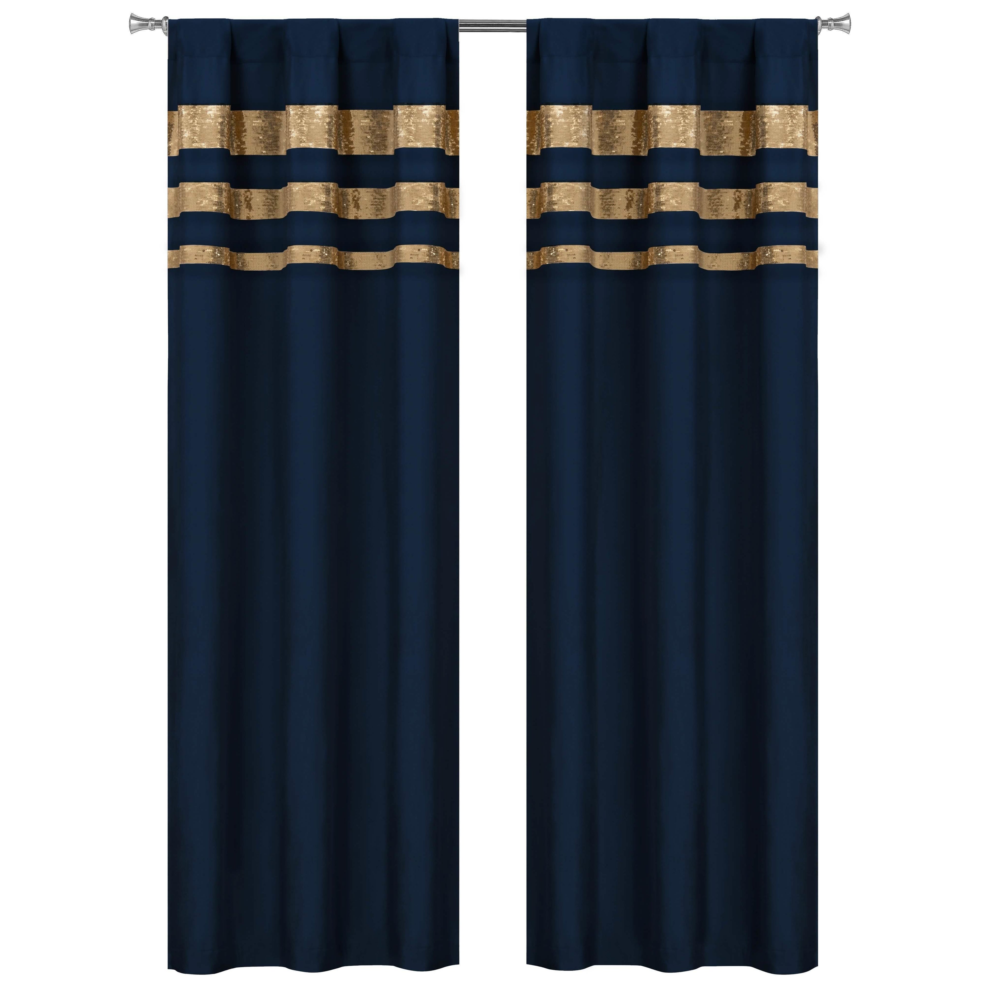 Set of 2: Velvet Metallic Stripe Border Blackout Window Curtain Pair Panel