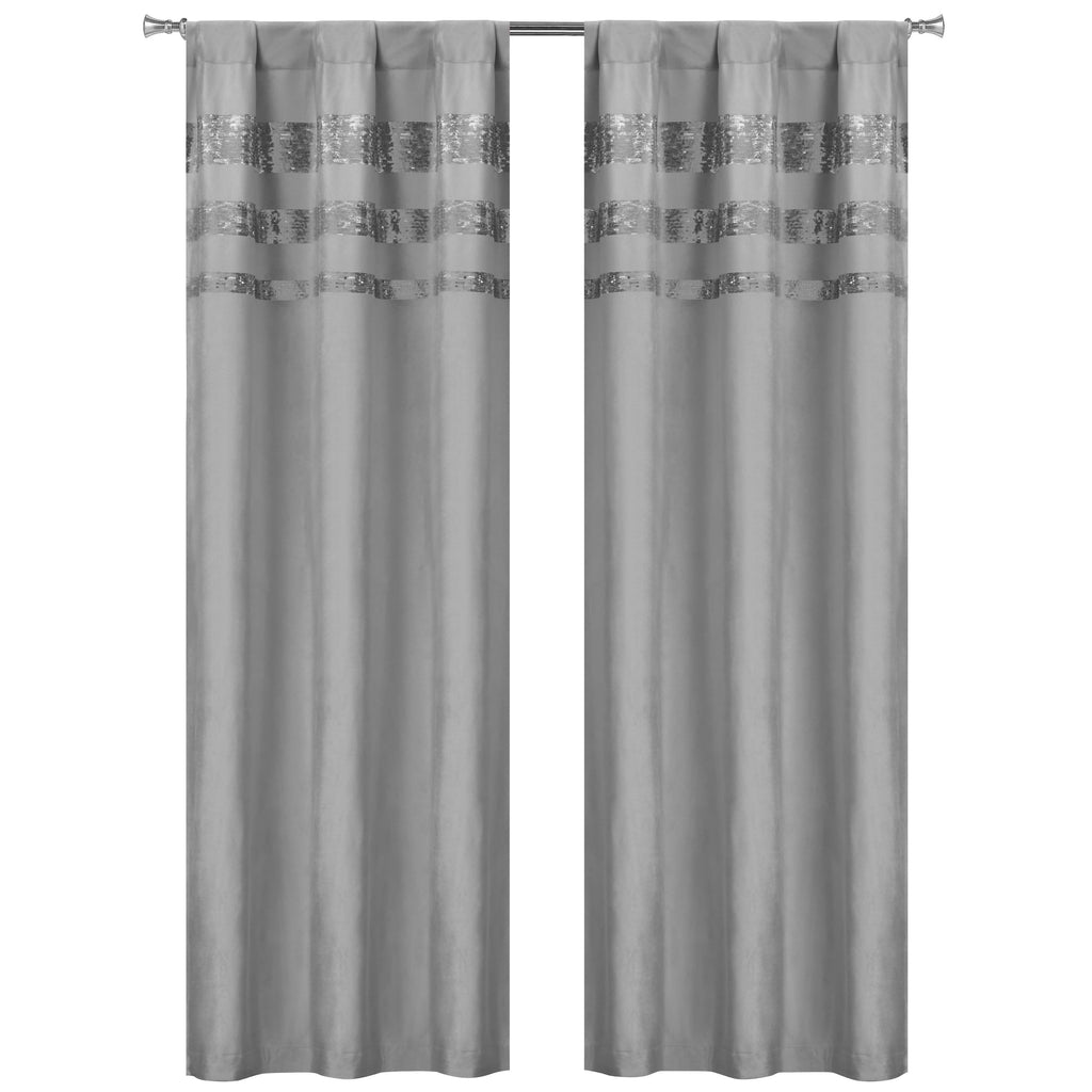 Set of 2: Velvet Metallic Stripe Border Blackout Window Curtain Pair Panel