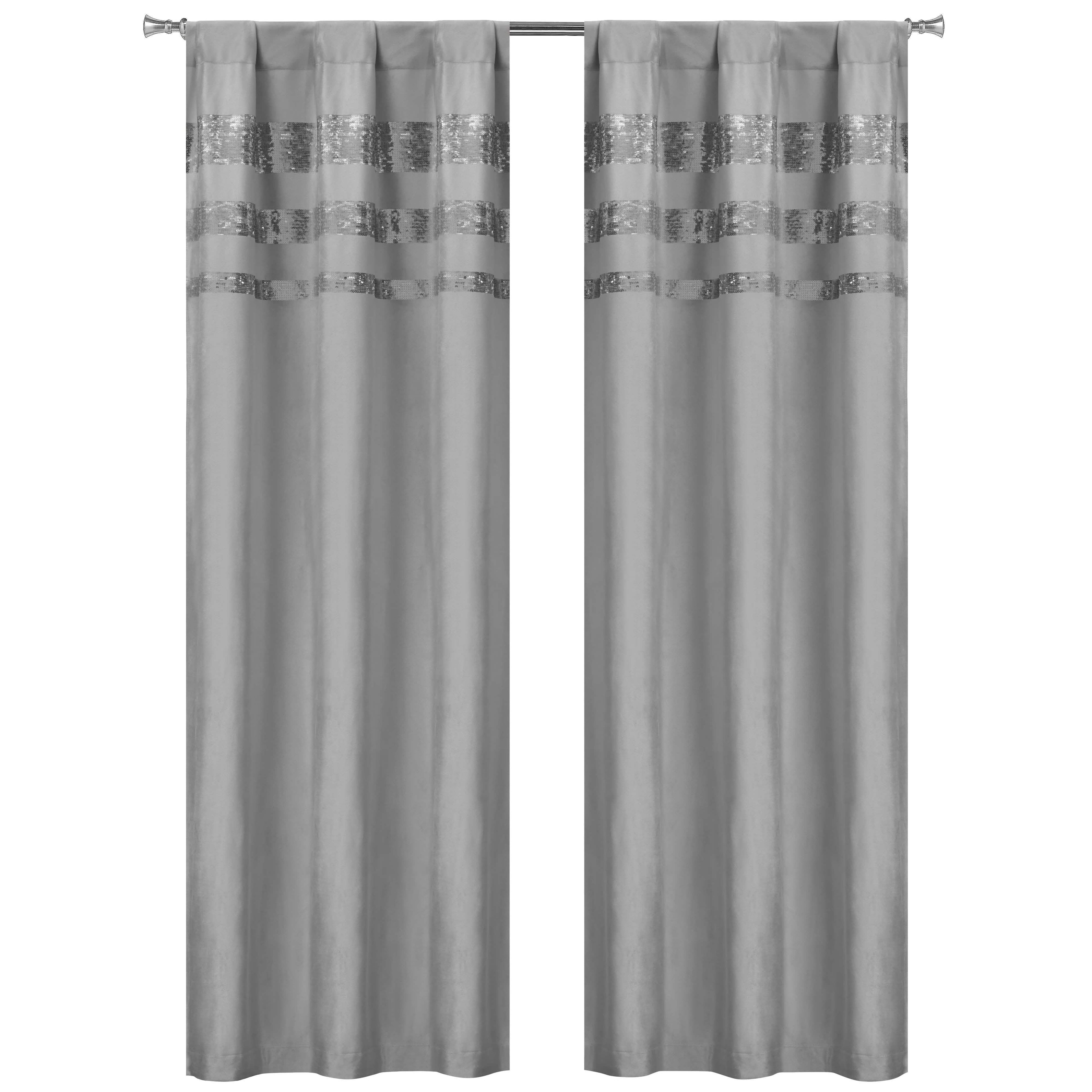 Set of 2: Velvet Metallic Stripe Border Blackout Window Curtain Pair Panel