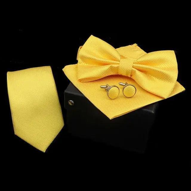 Stylish Solid Color Polyester Tie Bowtie Handkerchief Cufflinks Set For Men Butterfly Wedding Party Necktie Men's Fashion Bowtie
