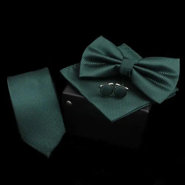 Stylish Solid Color Polyester Tie Bowtie Handkerchief Cufflinks Set For Men Butterfly Wedding Party Necktie Men's Fashion Bowtie