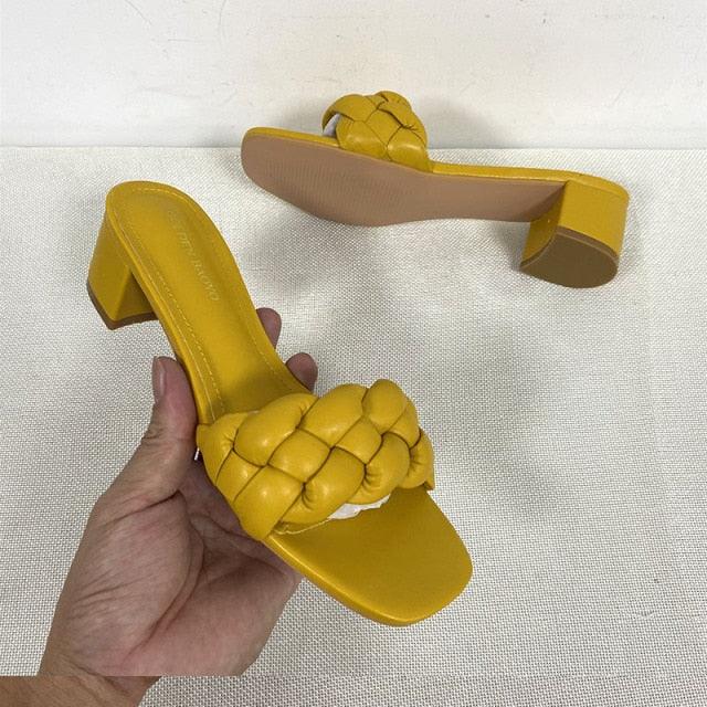 Summer Solid Weave Women Square Heel Sandal Fashion Thick High Heels Outdoor Party Slides Sandals Womens Open Toe Flat Slip-on Leather Weave Casual Walking Slippers Flip Flop