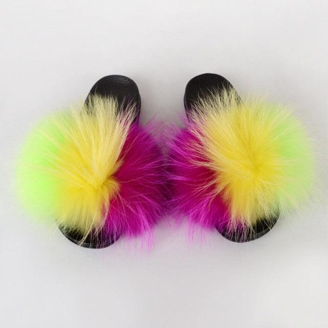 Summer Women Raccoon Fur Slippers Plush Slides Furry Sandals Fluffy House Shoes Girl's Cute Flip Flops Sandal With Soft Furry Faux Fox Fur House Outdoor Multicolor Slippers