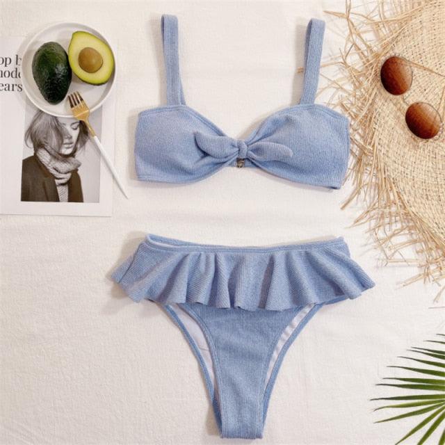 Swimsuit Women Ruffle Bikini Summer  Two Pieces Solid Pink Swimwear Push Up Bather Suit Women Charming Color Tummy Control Swimwear Plus Size Swim Dress Swimsuit Two Piece Bathing Suits
