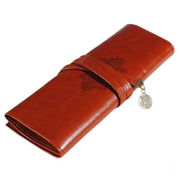 Vintage PU Leather Roll Up Pencil Case Classic Brown Foldable Pouch For Paint Brush School Accessories College And Art Work