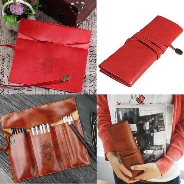 Vintage PU Leather Roll Up Pencil Case Classic Brown Foldable Pouch For Paint Brush School Accessories College And Art Work
