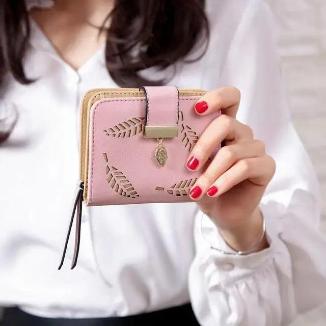 Vintage PU Leather Short Wallets Leaf Design Fashion Purse For Women Elegant Ladies Cute Zipper Purses Card Holders Women Wallet