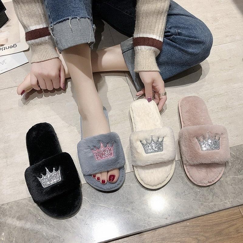 Warm Fluffy Slippers Women Faux Fur Slipper Indoor Floor Slides Flat Soft Furry House Warm Comfortable Fuzzy Furry Bedroom Slippers Indoor Cozy Memory Foam Anti-Slip Flip Flops