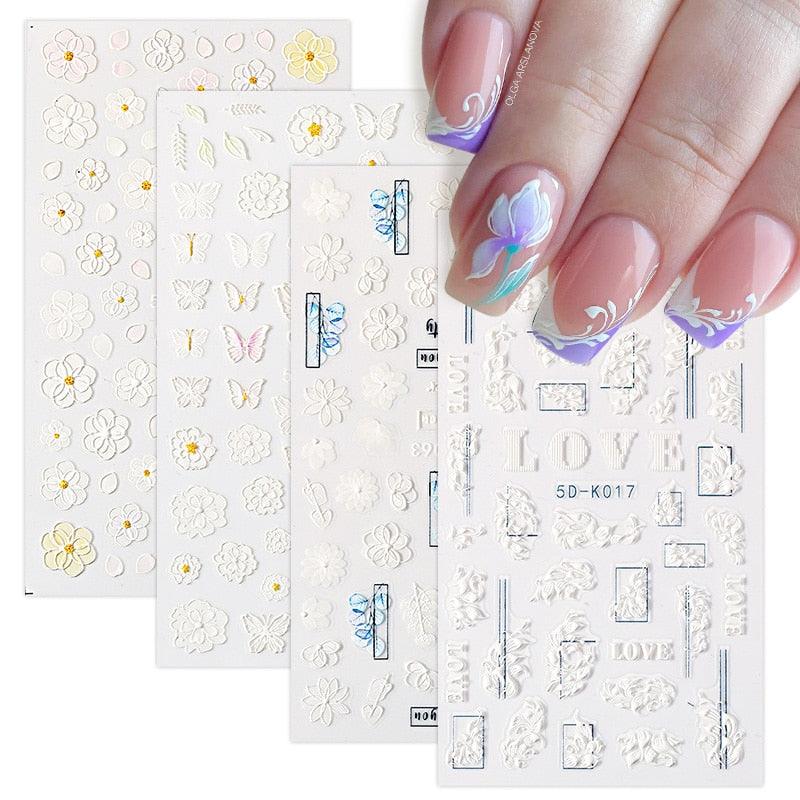 White Embossed Flower Lace Sticker Decal Wedding Nail Art Designs Floral Butterfly Japanese Manicures Nail Decoration Metallic Curve Strip Line Nail Decal Self-Adhesive 3D Wave Design Decoration for Women Girls Adhesive Striping Tape Nail Art Stickers