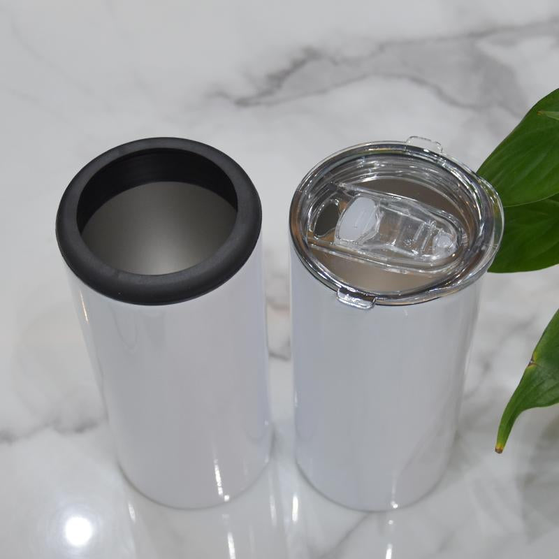 16oz Blank Sublimation Can Cooler With 2 screw on Lids Straight White Tumbler Stainless Double Insulated