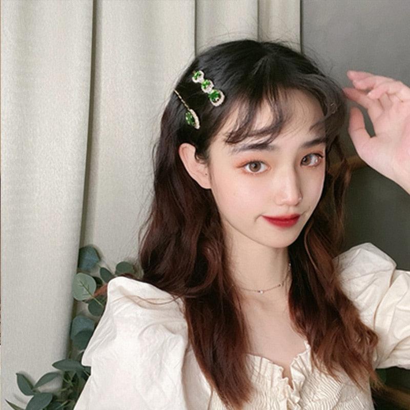 Women Hair Clips Set Jewelry Fashion Green Crystal Hair Accessories Luxury Simulation Pearl Barrette Pin For Girl Gift Ornaments Fashion Hairgrips Accessories For Party