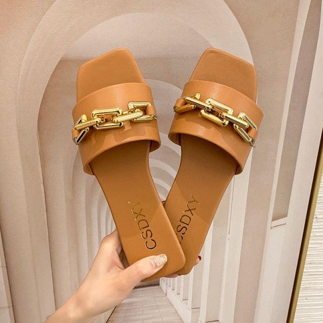 Women Sandals Design Gold Chain Closed Toe Slip On Mules Shoes Flat Heels Square Head Casual Slides Summer Slippers Open Toe Flat Sandals Metal Chain PU Leather Slides Shoes