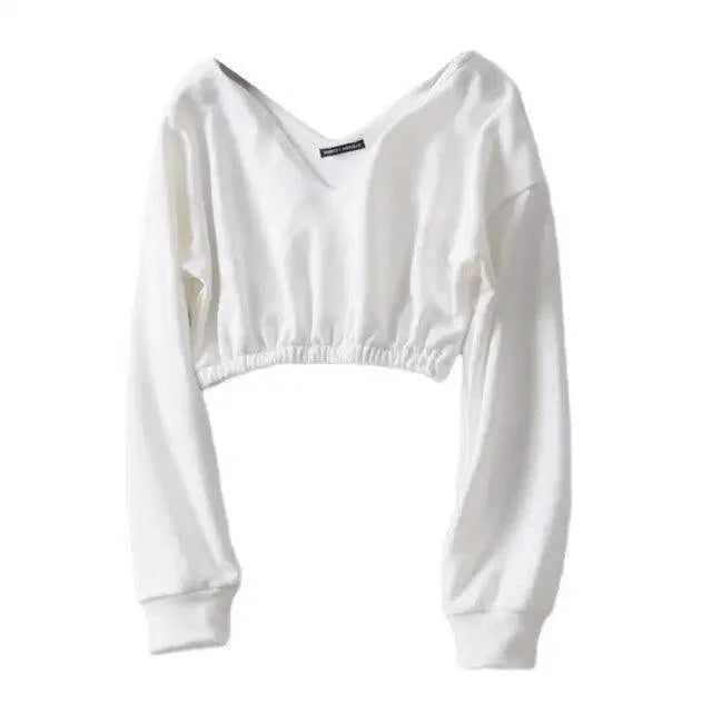 Women Sweatshirt Streetwear Hoodies Hip Pop Crop Top Female Long Sleeve Deep V Neck Pullovers Womens Sweatshirts Pullover Tops Drop Shoulder Running Activewear Casual Gym Workout Sweatshirt