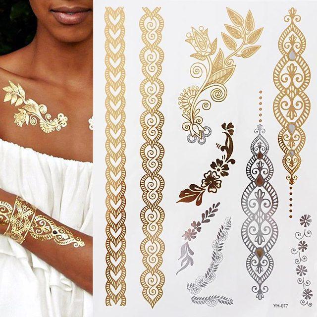 Womens Metallic Temporary Sticker Tattoos Gold Silver Waterproof Tattoos for Women